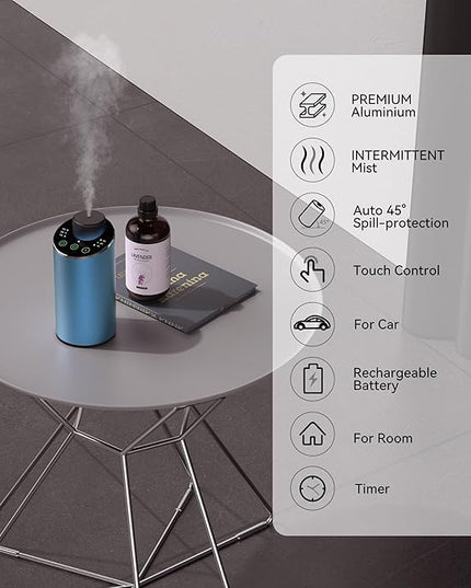 Waterless Essential Oil Diffuser Scent Aromatherapy Diffusers for Home Large Room, Car, Office, Portable Battery Operated Cordless Air Freshener, 4 Timers & 3 Mist Levels, 100ml Capacity (Blue)