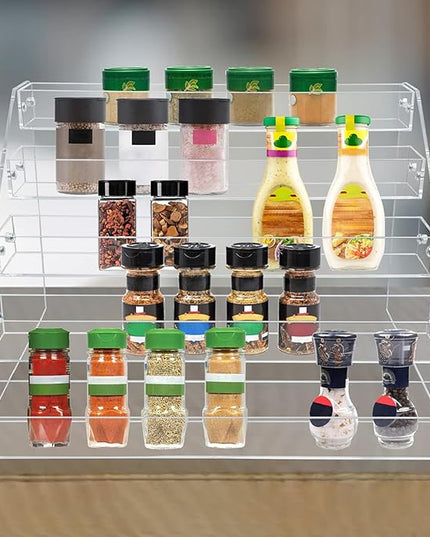 PMMASTO Tiered Spice Rack, Seasoning Organizer, Clear Acrylic Vertical Shelves Can Organizer for Countertop, Cabinet, Pantry, Kitchen Organization and Storage - 5 Tier