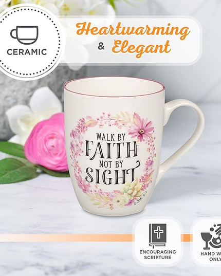 Christian Art Gifts Inspirational Scripture Ceramic Coffee & Tea Mug for Women: Walk by Faith Encouraging Bible Verse Cup, Microwave & Dishwasher Safe, Lead-free, White & Pink Floral Wreath, 12 oz.