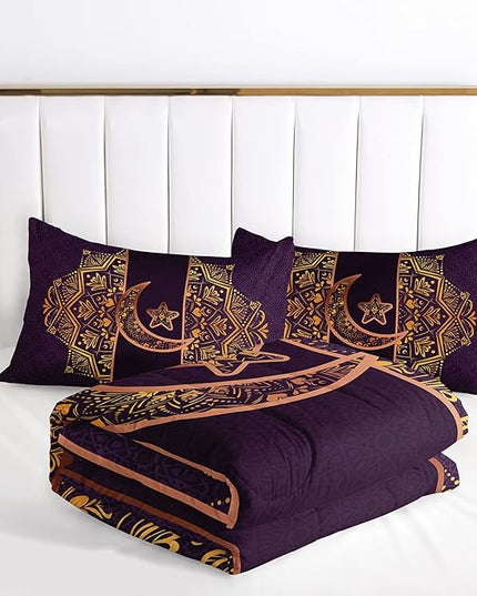 AILONEN Moon Star Comforter Set Queen Size, Gold Crescent Boho Bedding Set,Purple Print Soft and Lightweight Quilt Set All Season 3 Pieces,1 Comforter and 2 Pillowcases