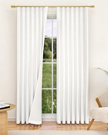 YZ HOME Ivory Linen 100% Blackout Pinch Pleated Curtains 108 Inches Long 2 Pages for Living Room Cream Back Tab Thermal Insulated Black Out Drapes Living Room High Ceiling Length 9 Ft