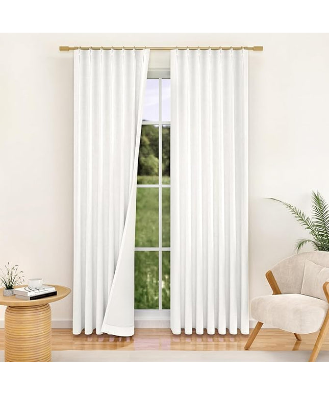 YZ HOME 102 Inches Long Pinch Pleated Linen Textured Blackout Curtains 2 Panel for Bedroom Back Tab Track Sun Blocking Thick Curtains 102 Inch Length for Living Dining Room Darkening Drapes Ivory