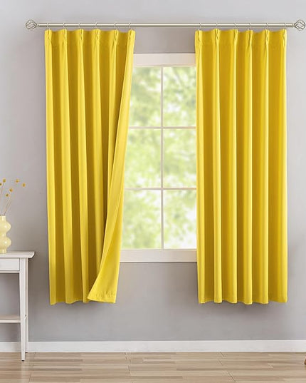 DONREN Yellow Pinch Pleated Blackout Curtains with Hooks - 63 inch Length Room Darkening Thermal Insulated Short Window Curtain Panels for Bathroom Kids Room 2 Panel 40" Wx63 L