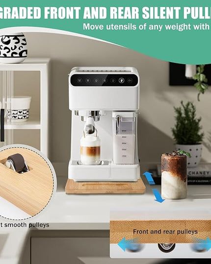 Bamboo Sliding Appliance Tray,Coffee Maker Slider Tray with Rubber Wheels, Countertop Pull Out Organizer for Coffee Machines,Air Fryers and Other (Natural, Large-Long(12”W x 16”L))