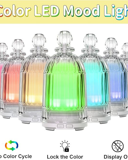 Glass Essential Oil Diffuser, Aroma Diffusers with Glass Cover & Plastic Reservoir Small Humidifiers with 7 Color LED Lights Auto-Off for Home Office Bedroom Yoga 120ml(White Bottom)