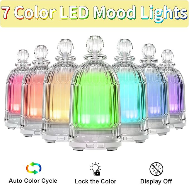 Glass Essential Oil Diffuser, Aroma Diffusers with Glass Cover & Plastic Reservoir Small Humidifiers with 7 Color LED Lights Auto-Off for Home Office Bedroom Yoga 120ml(White Bottom)