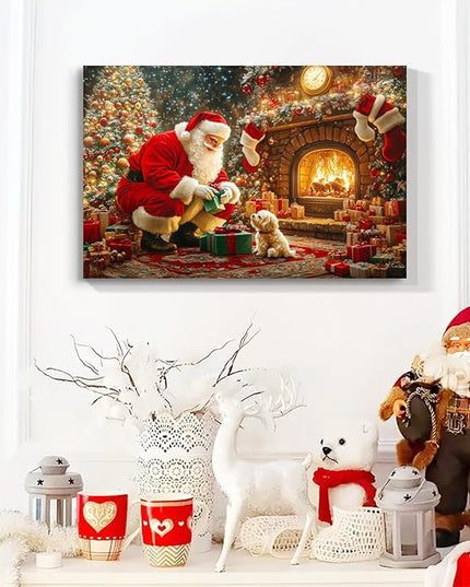 YONICA Christmas Wall Decor Santa Canvas Wall Art Home Decorations 36x24 Inches - Santa Pictures Christmas Pine Tree Pet Dog Prints Winter Painting Xmas Artworks for Living Room Bedroom