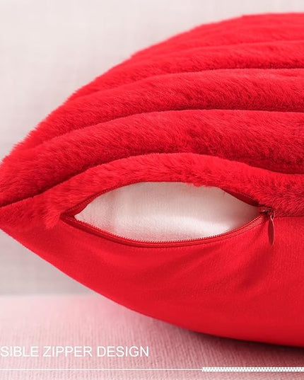 Pallene Faux Fur Plush Christmas Throw Pillow Covers 26x26 Set of 2, Luxury Soft Fluffy Striped Decorative Pillow Covers for Sofa, Couch, Living Room, Red