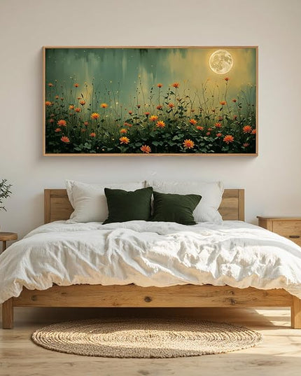 HOURIA Mystical Midnight Wildflower Framed Canvas Wall Art Set,Moonlit Orange Floral Wall Decor,Nature Inspired Landscape Artwork,Watercolor Art Prints for Living Room,Bedroom,Farmhouse- 20"×40"×1