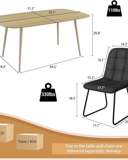 47.2" Modern Dining Table Set for 4, Wood Table with 4 Black Leather Chairs, Stylish Kitchen & Dining Room Furniture, Space-Saving Table and Chairs Set