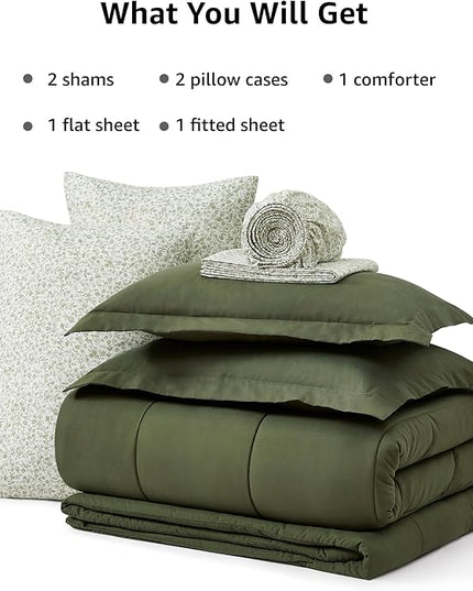 Monbix King Size Comforter Set - 7 Pieces Bed in a Bag King, Olive Green Track Stitching Bedding Sets, All Seasons Down Alternative Comforter Bed Set with Sheets, Pillowcases & Shams