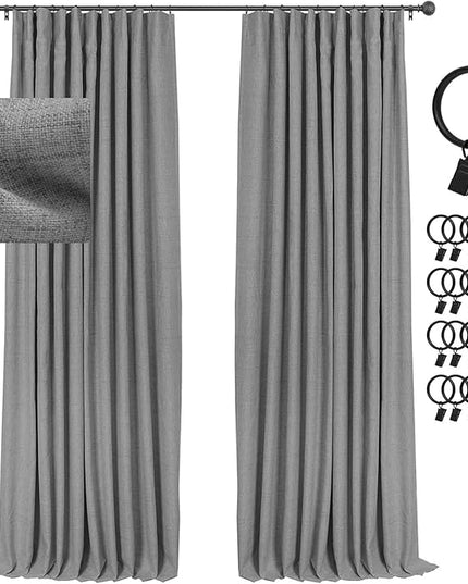 INOVADAY 100% Blackout Curtains for Bedroom, Black Out Curtains 108 Inch Long, Clip Rings Linen Blackout Drapes, Thermal Insulated Room Darkening for Living Room, 2 Panels - DarkgreyW50xL108