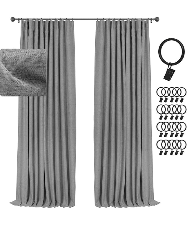 INOVADAY 100% Blackout Curtains for Bedroom, Black Out Curtains 96 Inch Long, Clip Rings Linen Blackout Drapes, Thermal Insulated Room Darkening for Living Room, 2 Panels - DarkgreyW50xL96