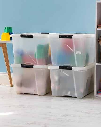 IRIS USA 40 Qt Stackable Plastic Storage Bins with Lids, 4 Pack - BPA-Free, Made in USA - Discreet Organizing Solution, Latches, Durable Nestable Containers, Secure Pull Handle - Pearl