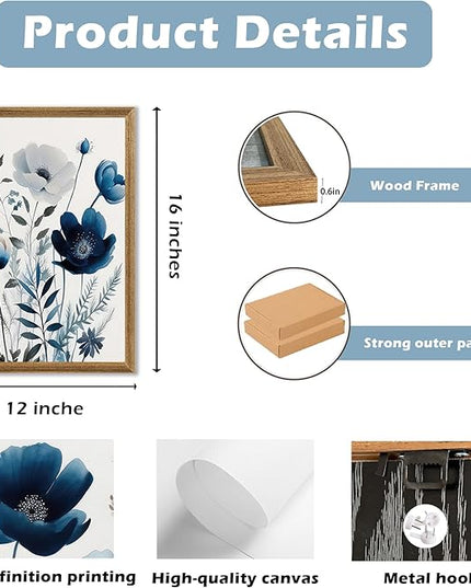 DUWQU 3 Pcs Blue Floral Canvas Wall Art, Wood Framed Navy Blue Wildflower Lily Daisy Art Wall Decor, Watercolor Botanical Flower Home Poster Art Prints for Living Room Bedroom Bathroom 16×24 Inches