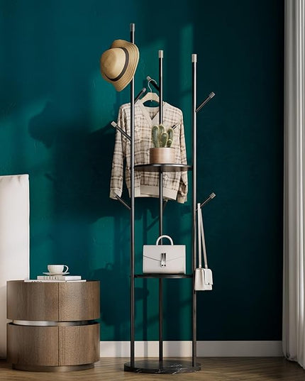 metal Coat Rack whit Marble base,heavy duty coat hanger Stand, Freestanding Coat Racks with 3 Shelves and 9 Hooks,Coat Tree for Entryway, Bedroom, Coats, Bags,purse