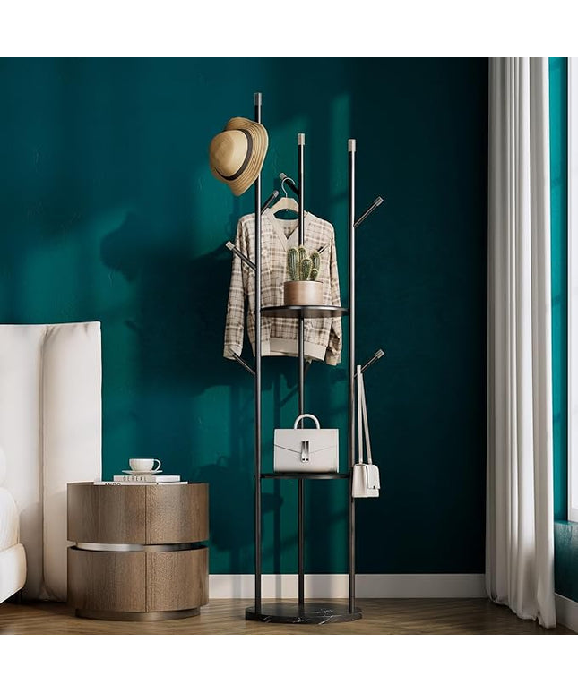 metal Coat Rack whit Marble base,heavy duty coat hanger Stand, Freestanding Coat Racks with 3 Shelves and 9 Hooks,Coat Tree for Entryway, Bedroom, Coats, Bags,purse