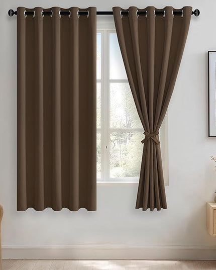 JIUZHEN Brown Blackout Curtains with Tiebacks - Thermal Insulated, Light Blocking and Noise Reducing Grommet Curtains for Bedroom and Living Room, Set of 2 Window Curtain Panels, 60 x 63 Inch Length