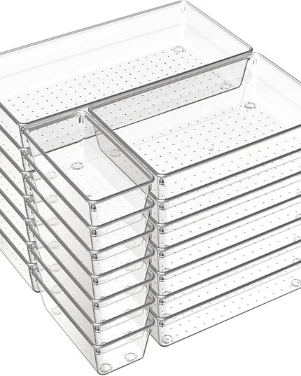 Criusia 21 Pack Large Clear Plastic Drawer Organizer Trays | BPA-Free Acrylic Organizer Bins for Large Kitchen Utensils, Bathroom, Makeup, Jewelries, Office Desk, School Supplies, Perfume
