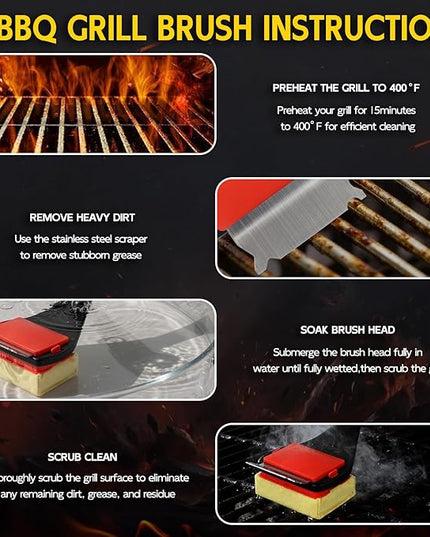 Bristle Free Grill Brush with Scraper, 4 Replaceable Cleaning Head BBQ Grill Cleaning Brush, Dishwasher-Safe Grill Cleaner Tool for Gas,Charcoal,Ceramic,Cast Iron & Stainless-Steel Grates