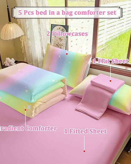 Rainbow Bedding Set Full Size – 5 Piece Reversible Girls Comforter with Deep-Pocket Sheet, Gradient Galaxy Design, Whole-Piece Filling, Machine Washable Bed-in-a-Bag for Kids Room Makeover & Gifts