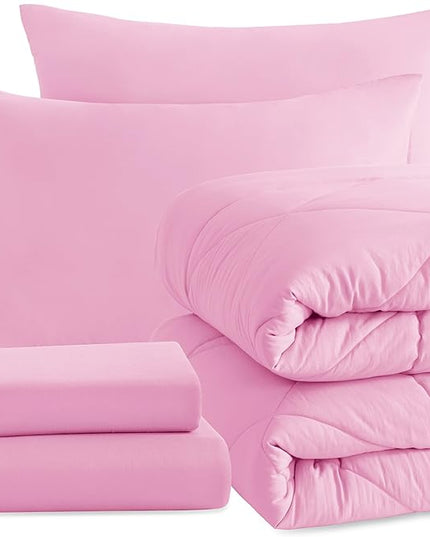 NTBAY Twin Comforter Set with Sheets, 5 Pieces Soft and Breathable Twin Bedding Set, Twin Bed in a Bag, Down Alternative Comforter Set Solid Color All Season, Kids Bedding Set, Pink