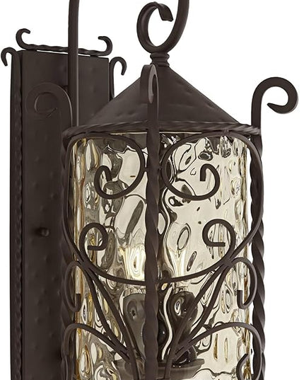 John Timberland Casa Seville Rustic Outdoor Wall Light Fixture Lantern Dark Walnut Iron Scroll 23 3/4" Hammered Glass Decor for Exterior House Porch Patio Outside Deck Garage Front Door Home