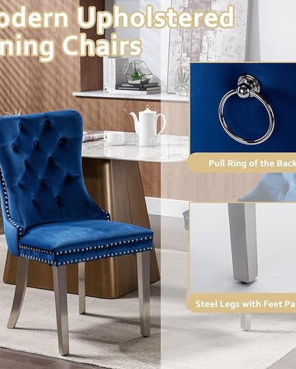 7-Piece Glass Dining Table Set with 6 Upholstered Dining Chairs, Large Dining Table and Chair Set for 6, Modern Glass Kitchen Table Furniture for Dining Room, U Shape and Stainless Steel Pesestal