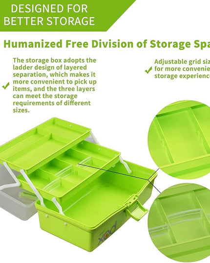 12in 3-Layer Plastic Craft Organizers and Storage, Portable Folding Tackle Box with Handle & Adjustable Dividers, Multipurpose Case for Sewing, Art Supplies, Medicine, Tools (Green)