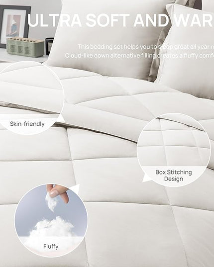 Love's cabin King Size Comforter Set Off White, 7 Pieces King Bed in a Bag, All Season Bedding Sets with 1 Comforter, 1 Flat Sheet, 1 Fitted Sheet, 2 Pillowcase and 2 Pillow Sham