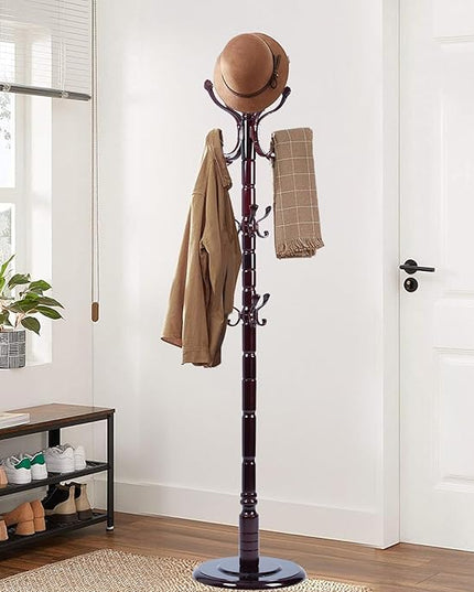 Coat Racks Free Standing with 14 Hooks, Natural Wood Coat Stands for Entryway, Adjustable Height 72 in Tree Coat Rack Stand for Hallway Home Office Bedroom (Mahogany Ruyi)