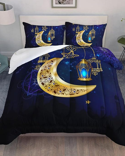 AILONEN Moon Lantern Comforter Set Queen Size, Gold Crescent Star Blue Galaxy Bedding Set,Soft and Lightweight Quilt Set Bedroom Decor All Season 3 Pieces, 1 Comforter and 2 Pillowcases