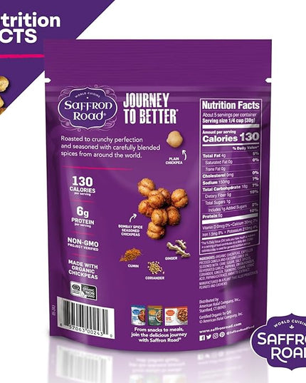 Saffron Road Roasted Bombay Spice Crunchy Chickpeas | High-Protein, Vegan, Gluten-Free, Non-GMO, Halal & Kosher Certified Snack | 5.4 oz Resealable Pouch | Pack of 6