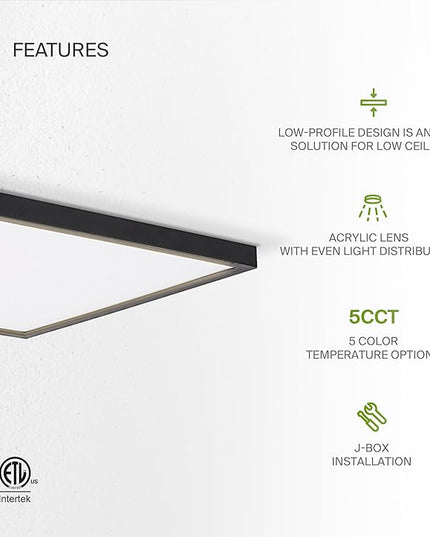 ASD LED 12" Square Flush Mount Ceiling Light Fixture, Low Profile Surface Lighting | 5CCT, Dimmable, Ultra-Thin, ETL Listed | 24W 1700LM 2700-6000K 120V | Kitchen, Bedroom, Hallway Lamp | Black