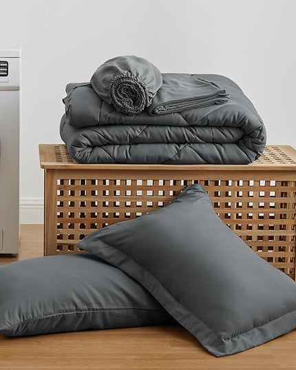 Love's cabin Twin XL Comforter Set Dark Grey, 5 Pieces Twin XL Bed in a Bag, All Season Bedding Sets with 1 Comforter, 1 Flat Sheet, 1 Fitted Sheet, 1 Pillowcase and 1 Pillow Sham