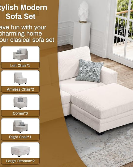 Legend Vansen Oversized Modular Sectional Sofa,6 Seat U Shaped Couch with Ottoman,Corduroy Sofa with Deep Seat,Convertible Large Sectional Couches for Living Room(Cream, U-6)