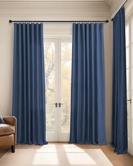 Pitalk Navy Blue Curtains 90 Inches Long for Boys Bedroom 2 Panel Back Tab Loop Pocket Light Filtering Semi Privacy Sheer Dark Blue Linen Curtains for Living Room Dining Nautical Decor 52x90 Length