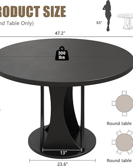 Round Dining Table for 4-6, Kitchen Table with Sturdy Double Arc & Rounded Base & Backboard Clasp Desktop, Mid-Century Modern Circle Dinner Table for Dining Living Room, Space Saving, Black