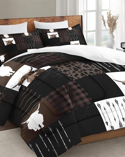 Twin Size Comforter Set with Pillowcase, Highland Cow Animal 2 Pcs Bedding for Kids and Adults, Brown Farm Vintage Print Soft Comforter Set for Bedroom Bed Decor