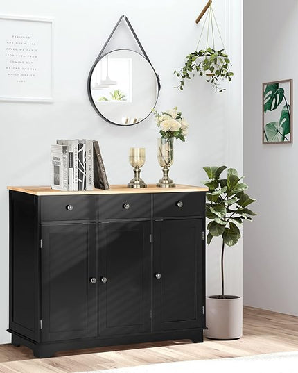 HOMCOM Sideboard with Solid Wood Countertop, Modern Kitchen Storage Cabinet, Coffee Bar Cabinet with 3 Drawers, Doors and Adjustable Shelf, Black