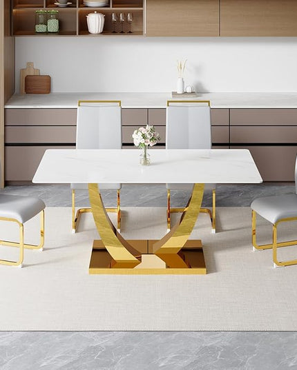 63” Dining Room Table Set for 4,Modern Gold Dining Table Set for 4, Rectangle Kitchen Table Set with Leather Chairs,White Faux Marble Dinner Table Set with Tempered Glass Top and Golden Base