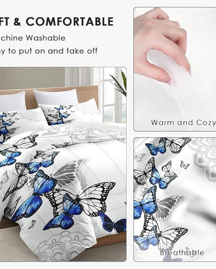 Twin Size Comforter Set with Pillowcase, Summer Spring Blue Butterfly 2 Pcs Bedding for Kids and Adults, Abstract Circular Mandala Floral Soft Comforter Set for Bedroom Bed Decor