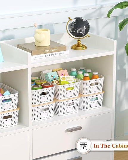 Plastic Storage Baskets With Bamboo Lid - Plastic Storage Containers Stackable Storage bins: Storage Baskets for Organizing Shelves Drawers Desktop Closet Playroom Classroom Office, 6 Pack