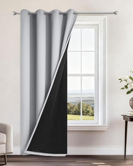 Yakamok 84 Inch Long 100% Blackout Curtains for Bedroom, 2 Thick Layers Thermal Insulated Grommet Total Blackout Drapes with Black Liner for Living Room (52Wx84L,Light Grey, 1 Panel)