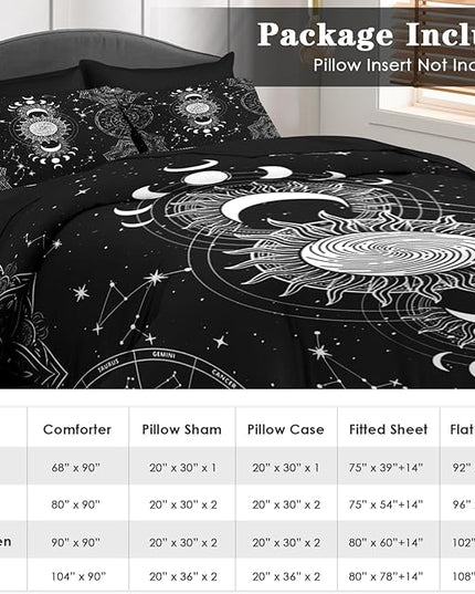 Comforter Set King Size, Sun Moon Tarot Vintage 7 Pcs Bedding for Kids and Adults, Boho Bohemian Retro Bed Sheet Sets with Fitted Sheet 2 Pillowcases & 2 Shams for Bedroom Bed Decor