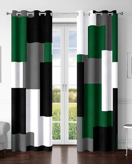 Green 100% Blackout Curtains for Bedroom 72 inch Length 2 Panels Set White Grey Modern Abstract Geometric Black Out Curtains Insulated Room Darkening Window Drapes for Living Room, 52Wx72L