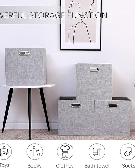 Cube Storage Bins 13×13x13 Inch Linen Foldable Box with Handles, Collapsible Organization Basket Set of 4 Large Capacity Grewer for Closet Shelf Cabinet Bookcase Bedroom, Silver Grey