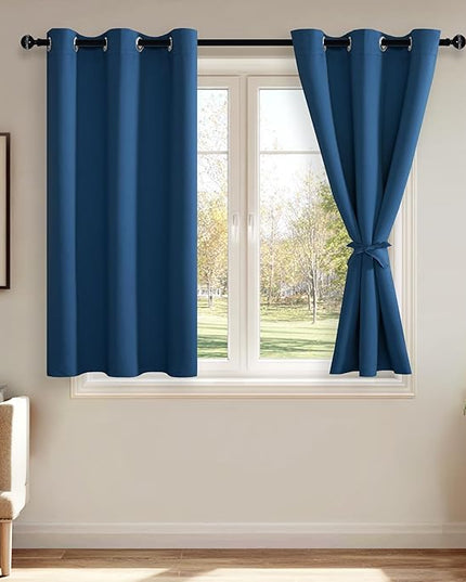 JIUZHEN Blackout Curtains for Bedroom - Thermal Insulated Room Darkening Rod Pocket Curtains for Living Room, Set of 2 Panels with Tiebacks，38x45 Inch Length, Classic Blue