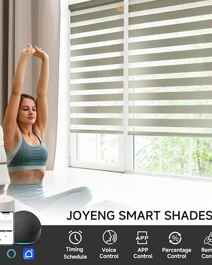Cordless Motorized Zebra Blinds for Windows Blackout with Remote, Custom Dual Layer Smart Zebra Shades Work with Alexa Google, Automatic Electric Light Filtering Roller Sheer Shades, Warm Grey