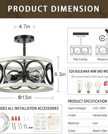 Farmhouse Semi Flush Mount Ceiling Light,3-Light Industry Oak White Sloped Ceiling Light Fixtures D13 Inches Rustic Metal Light Fixture for Entryway Foyer Hallway Kitchen Dining Room